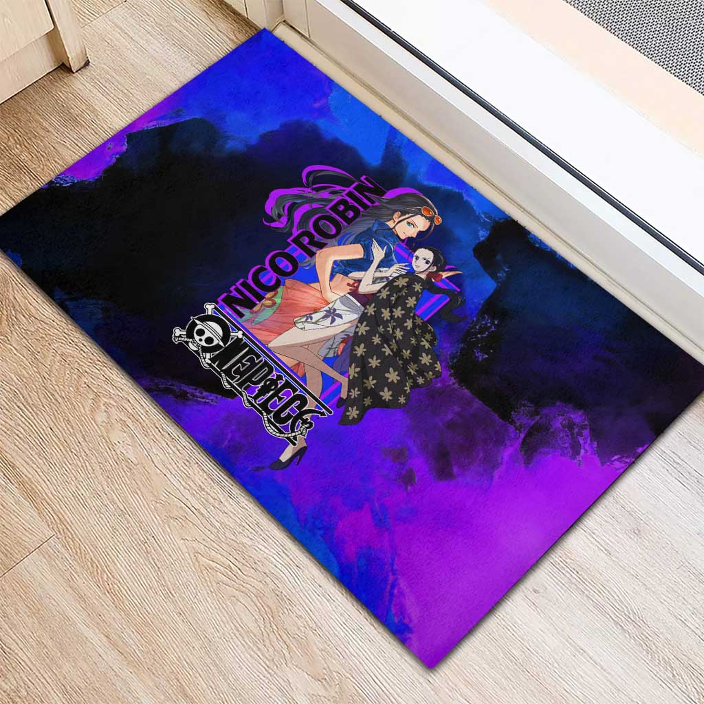 Nico Robin One Piece Purple and Blue Theme Rubber Doormat with Floral Cape and Archaeologist Pose Design - The Mazicc