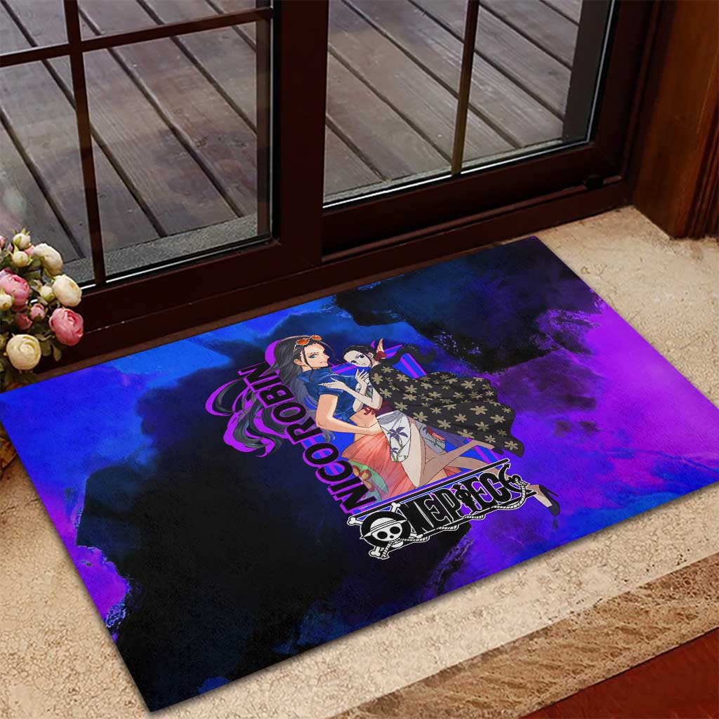 Nico Robin One Piece Purple and Blue Theme Rubber Doormat with Floral Cape and Archaeologist Pose Design - The Mazicc