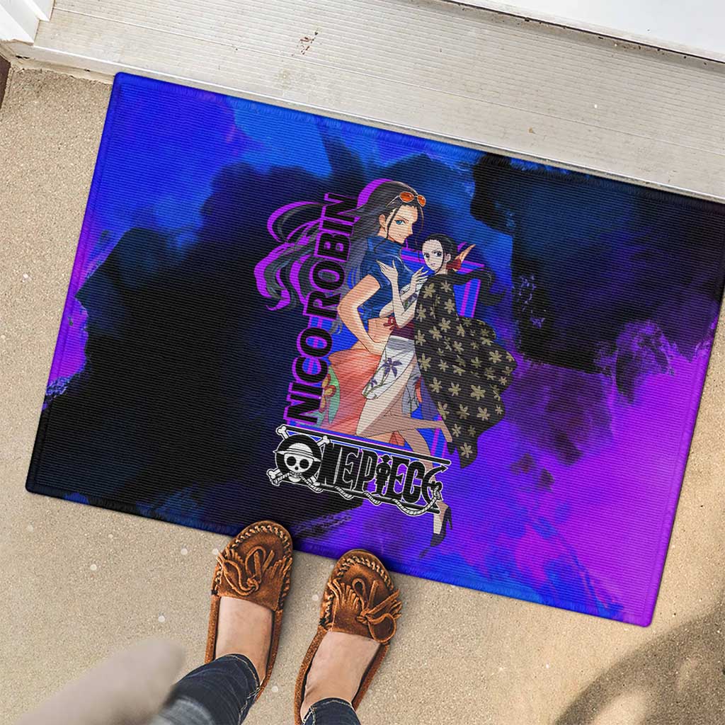 Nico Robin One Piece Purple and Blue Theme Rubber Doormat with Floral Cape and Archaeologist Pose Design - The Mazicc