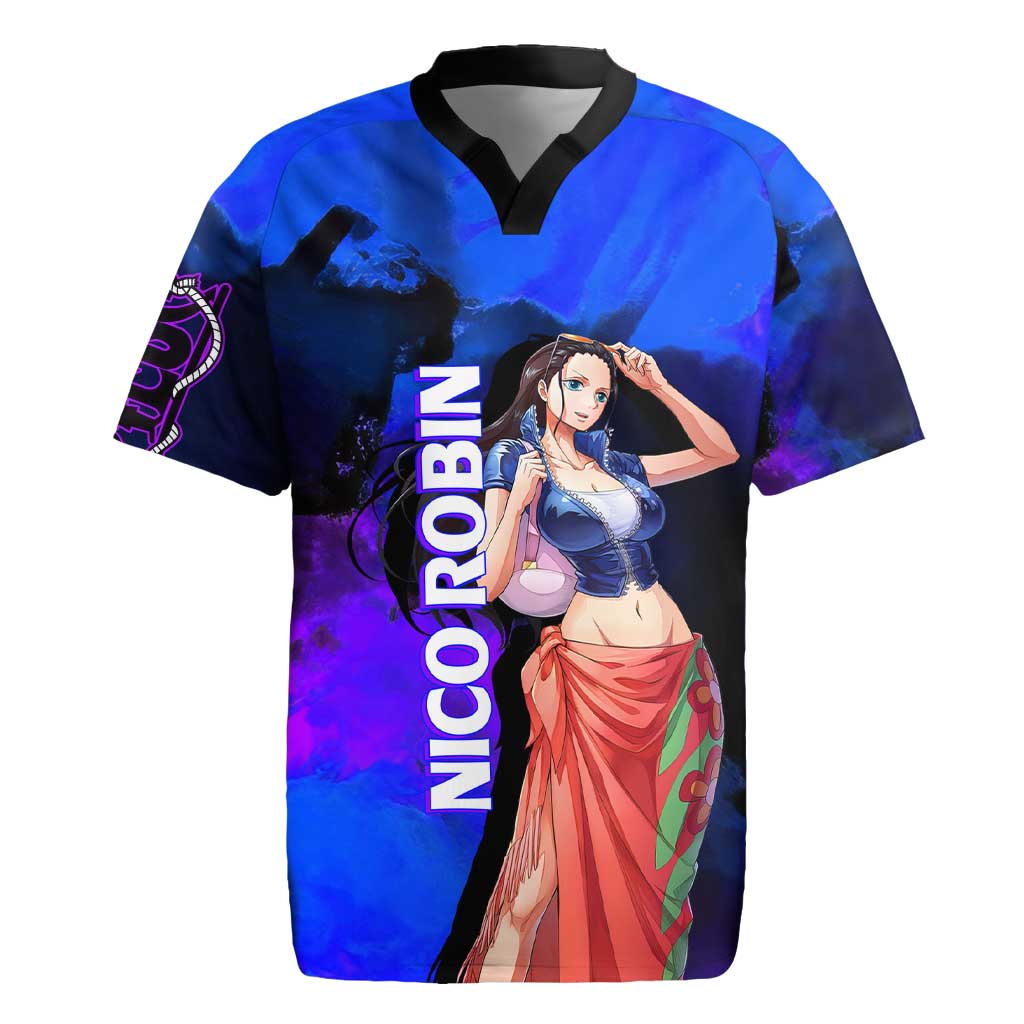 Nico Robin One Piece Purple and Blue Theme Rugby Jersey with Floral Cape and Archaeologist Pose Design - The Mazicc