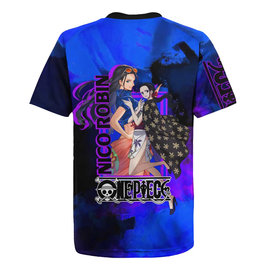 Nico Robin One Piece Purple and Blue Theme Rugby Jersey with Floral Cape and Archaeologist Pose Design - The Mazicc