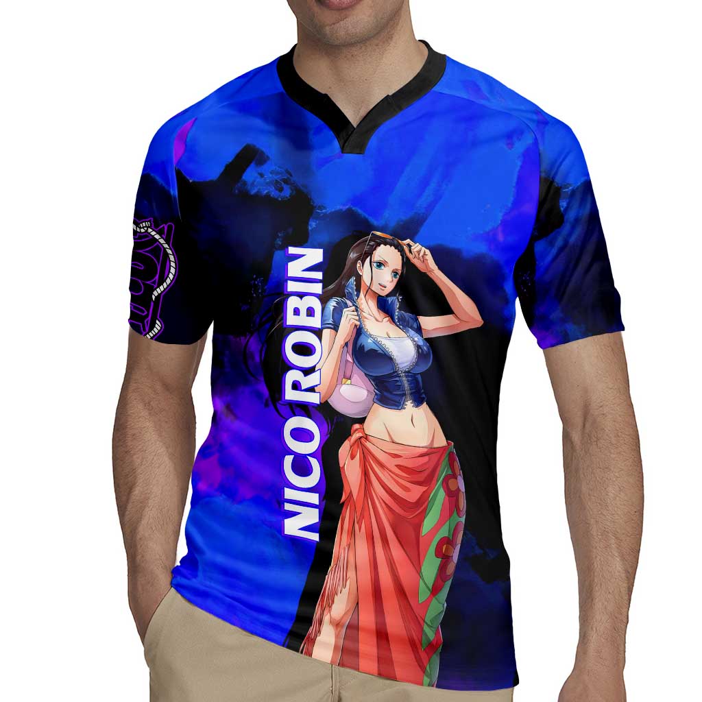 Nico Robin One Piece Purple and Blue Theme Rugby Jersey with Floral Cape and Archaeologist Pose Design - The Mazicc