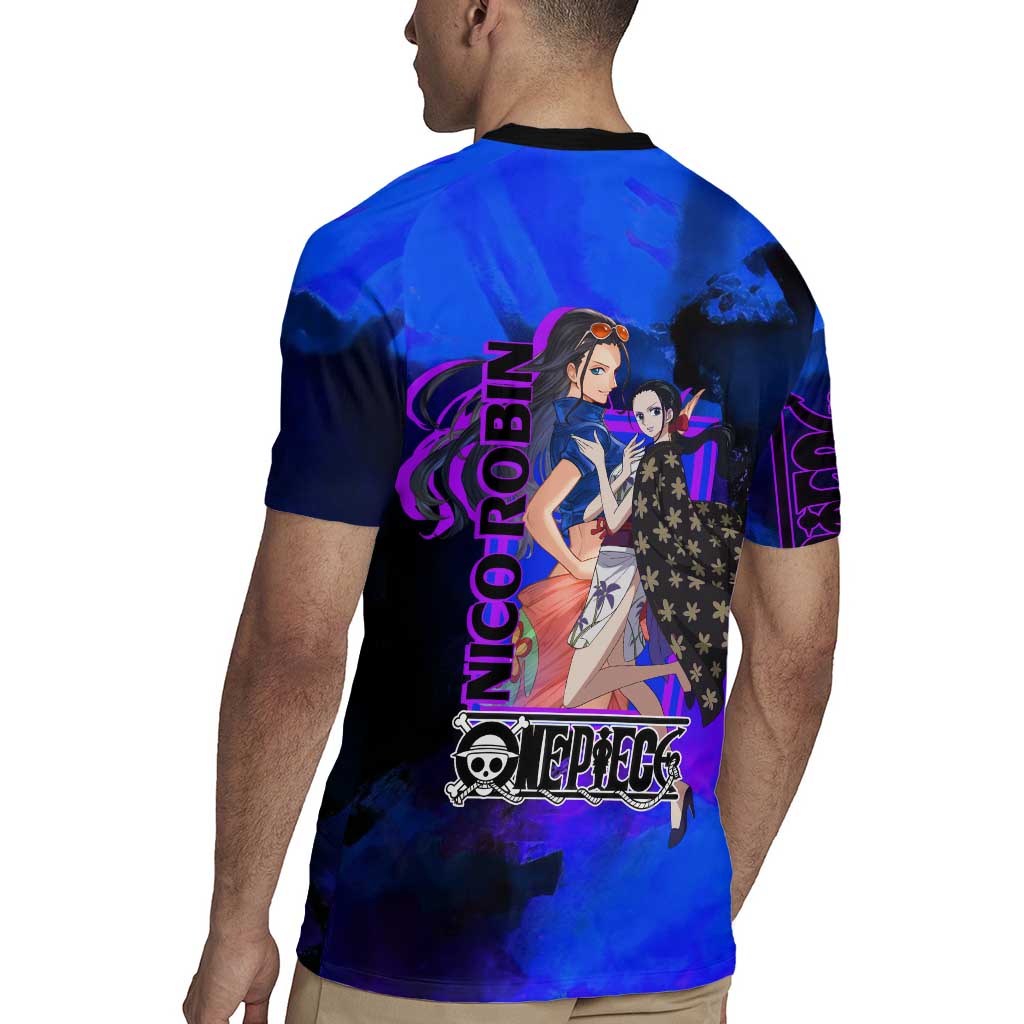 Nico Robin One Piece Purple and Blue Theme Rugby Jersey with Floral Cape and Archaeologist Pose Design - The Mazicc