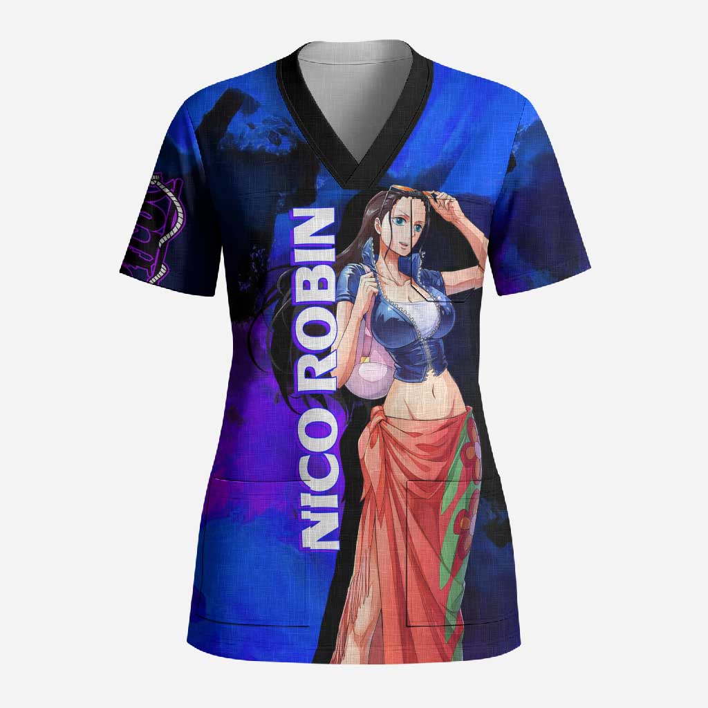 Nico Robin One Piece Purple and Blue Theme Scrub Top with Floral Cape and Archaeologist Pose Design - The Mazicc