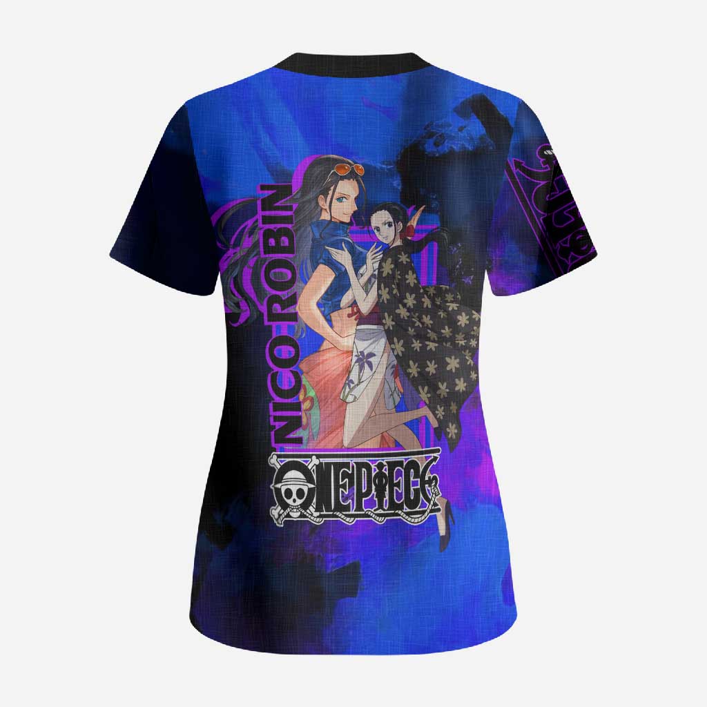 Nico Robin One Piece Purple and Blue Theme Scrub Top with Floral Cape and Archaeologist Pose Design - The Mazicc