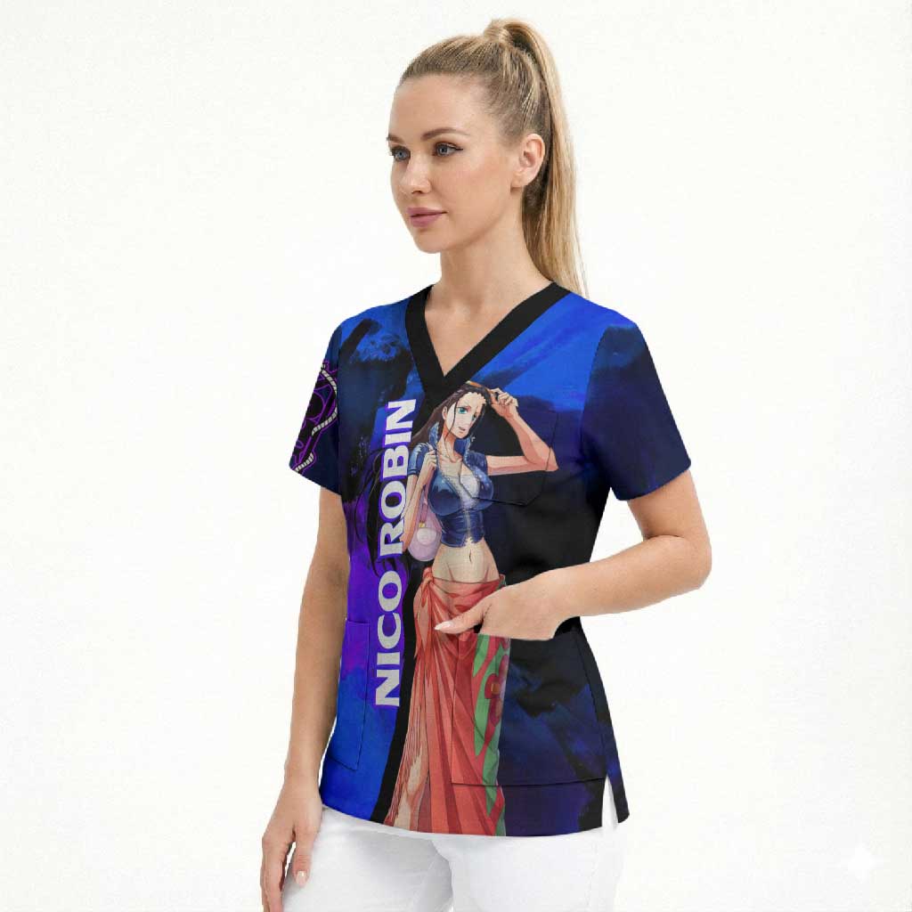 Nico Robin One Piece Purple and Blue Theme Scrub Top with Floral Cape and Archaeologist Pose Design - The Mazicc