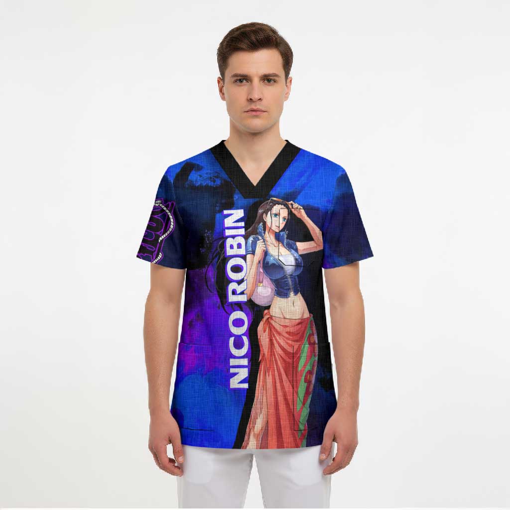 Nico Robin One Piece Purple and Blue Theme Scrub Top with Floral Cape and Archaeologist Pose Design - The Mazicc