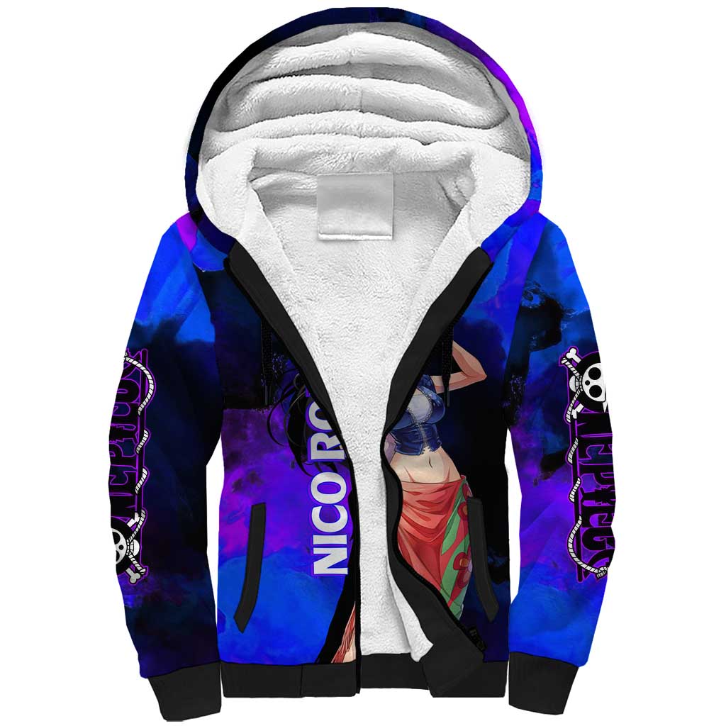Nico Robin One Piece Purple and Blue Theme Sherpa Hoodie with Floral Cape and Archaeologist Pose Design - The Mazicc