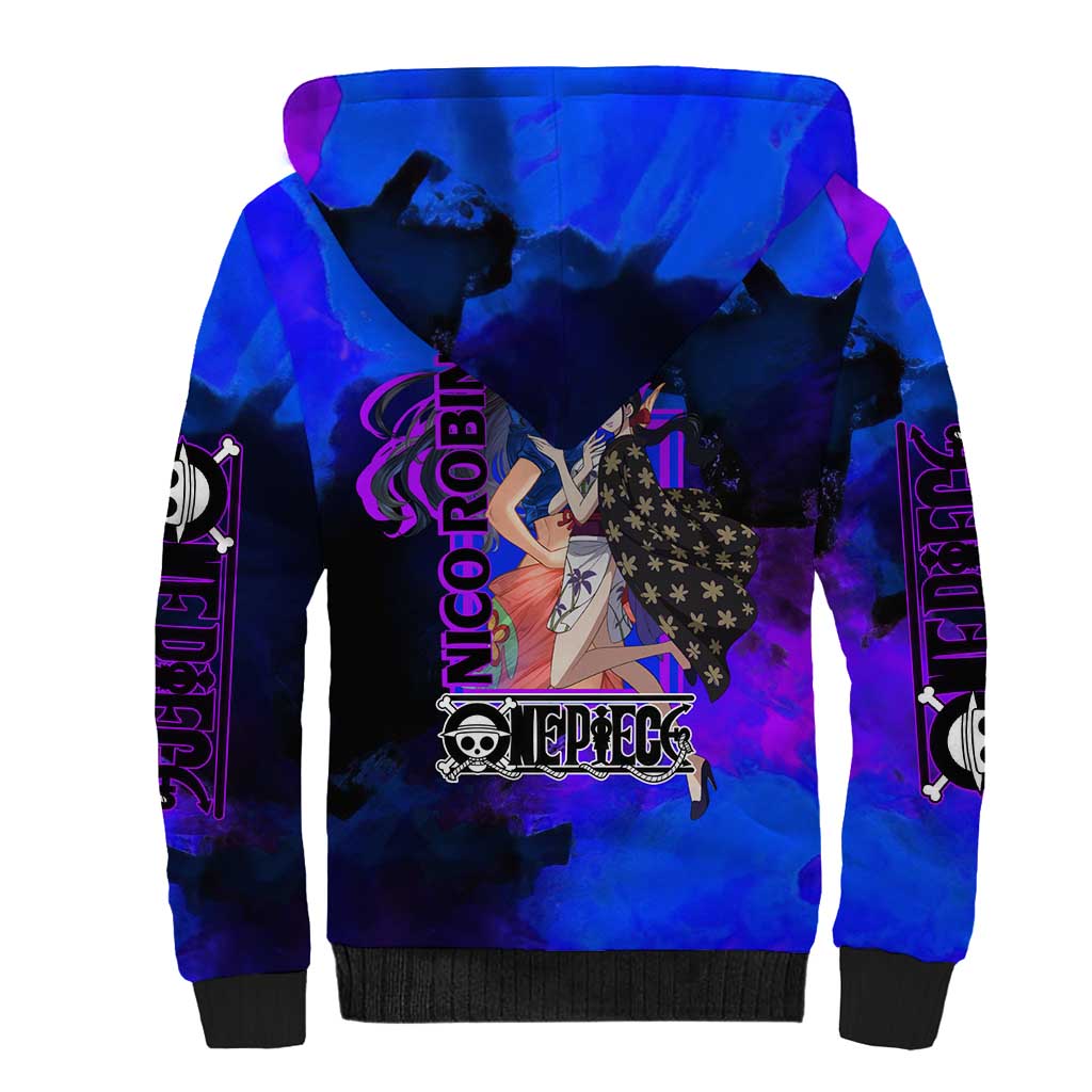 Nico Robin One Piece Purple and Blue Theme Sherpa Hoodie with Floral Cape and Archaeologist Pose Design - The Mazicc