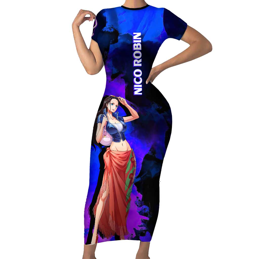 Nico Robin One Piece Purple and Blue Theme Short Sleeve Bodycon Dress with Floral Cape and Archaeologist Pose Design - The Mazicc