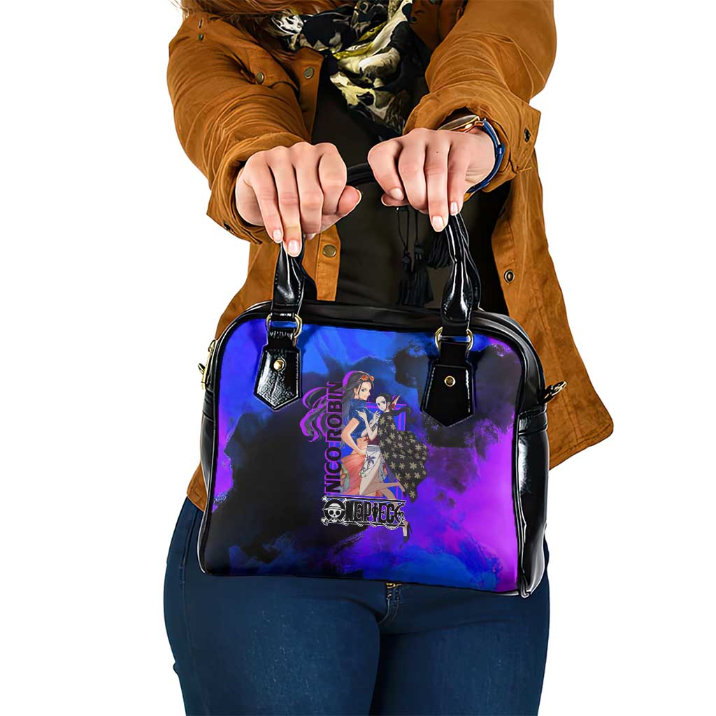 Nico Robin One Piece Purple and Blue Theme Shoulder Handbag with Floral Cape and Archaeologist Pose Design - The Mazicc
