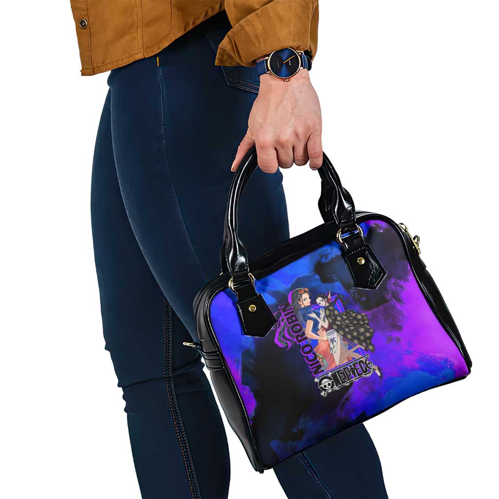 Nico Robin One Piece Purple and Blue Theme Shoulder Handbag with Floral Cape and Archaeologist Pose Design - The Mazicc