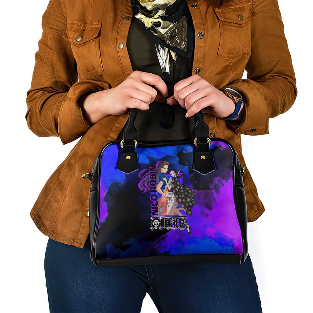 Nico Robin One Piece Purple and Blue Theme Shoulder Handbag with Floral Cape and Archaeologist Pose Design - The Mazicc