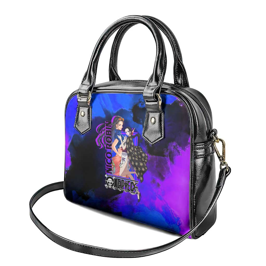 Nico Robin One Piece Purple and Blue Theme Shoulder Handbag with Floral Cape and Archaeologist Pose Design - The Mazicc