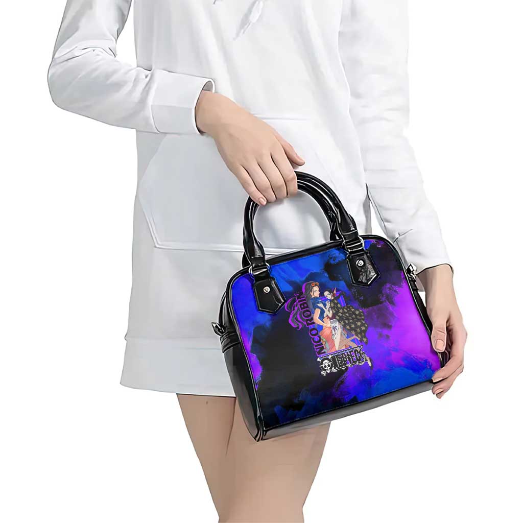 Nico Robin One Piece Purple and Blue Theme Shoulder Handbag with Floral Cape and Archaeologist Pose Design - The Mazicc