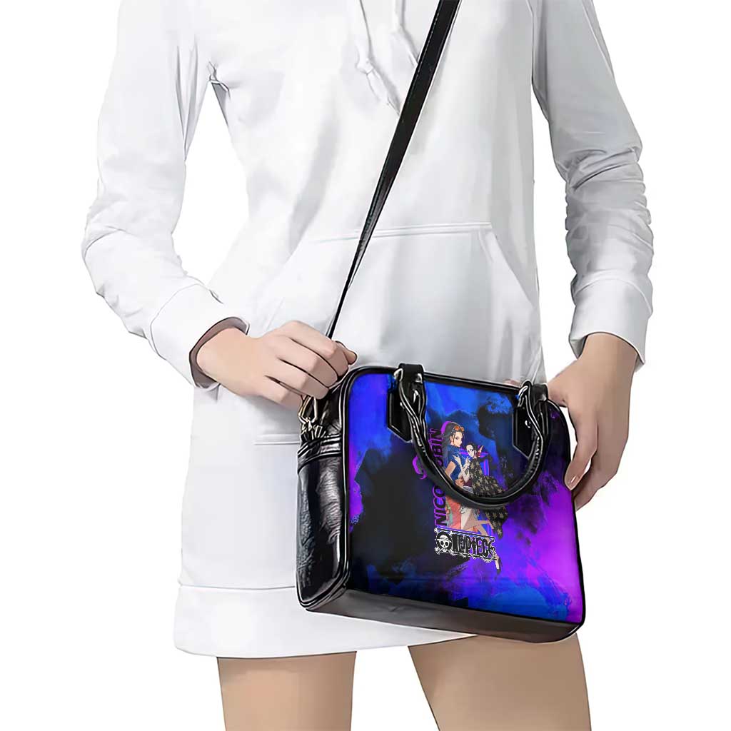 Nico Robin One Piece Purple and Blue Theme Shoulder Handbag with Floral Cape and Archaeologist Pose Design - The Mazicc