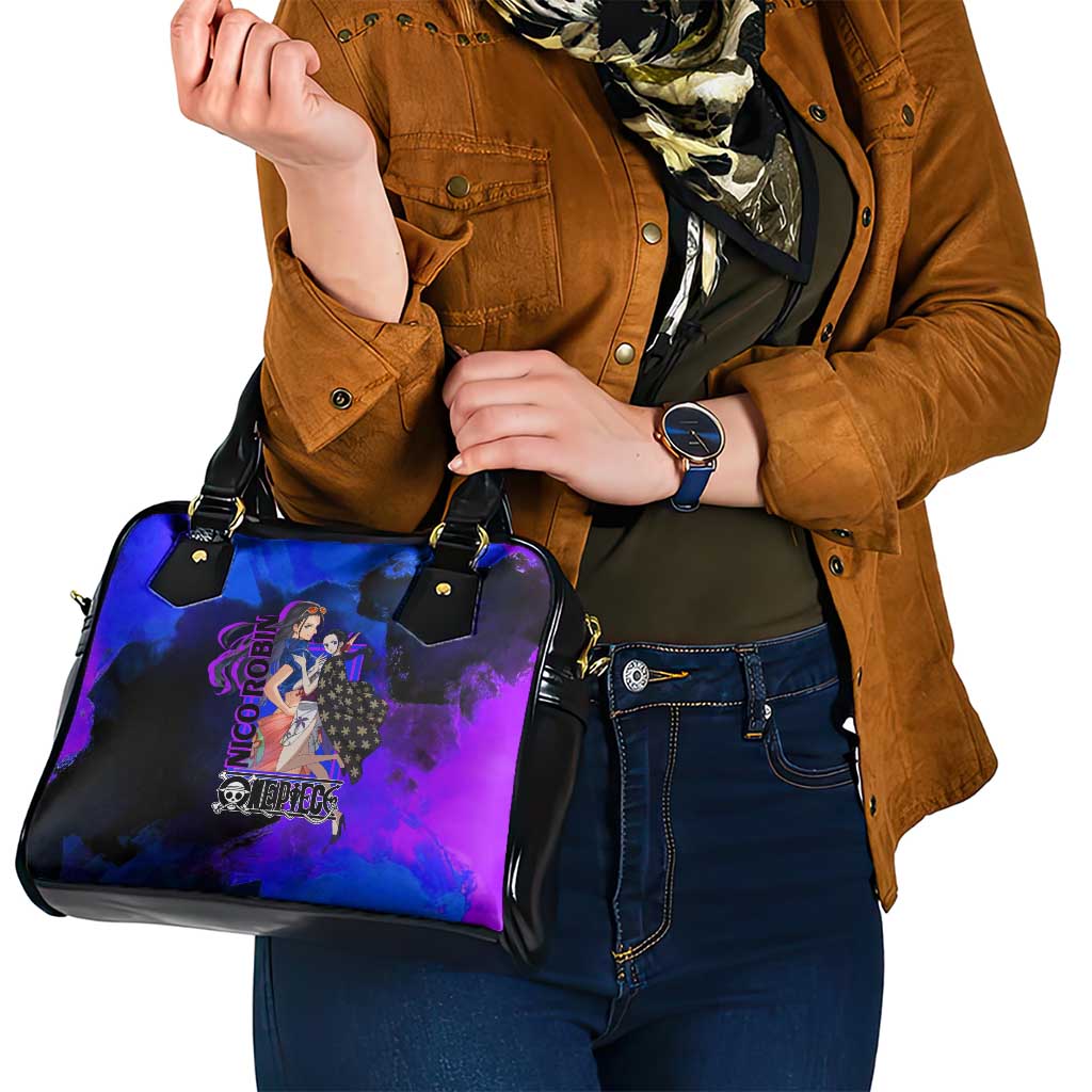 Nico Robin One Piece Purple and Blue Theme Shoulder Handbag with Floral Cape and Archaeologist Pose Design - The Mazicc
