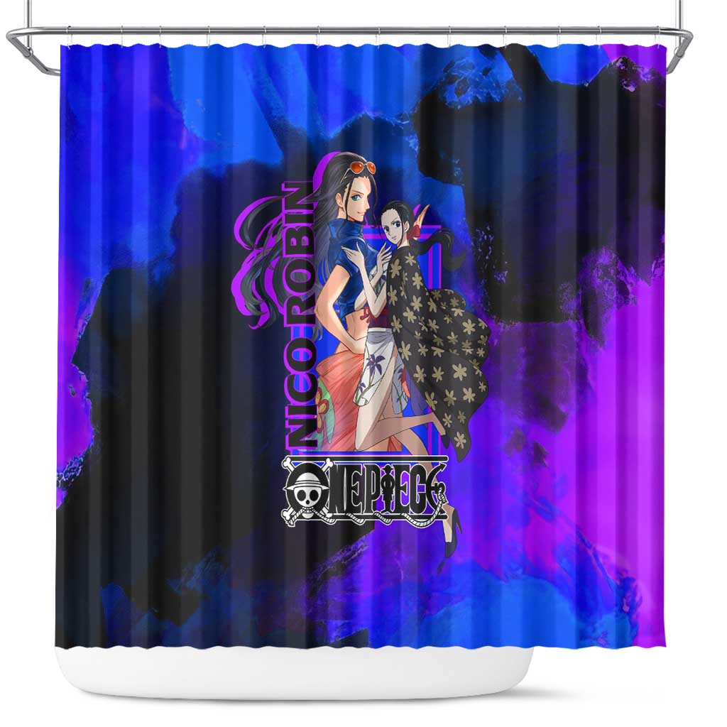 Nico Robin One Piece Purple and Blue Theme Shower Curtain with Floral Cape and Archaeologist Pose Design - The Mazicc