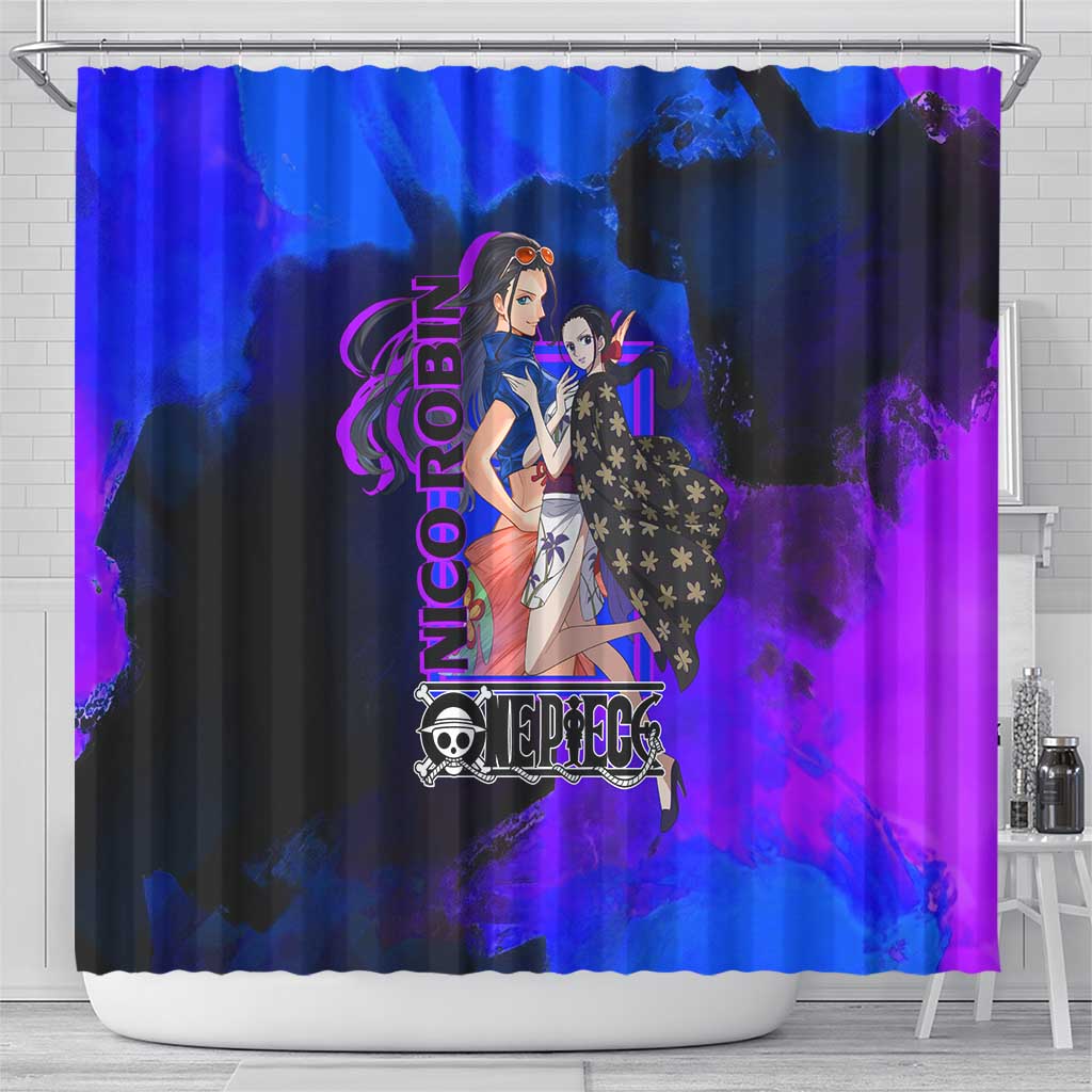 Nico Robin One Piece Purple and Blue Theme Shower Curtain with Floral Cape and Archaeologist Pose Design - The Mazicc