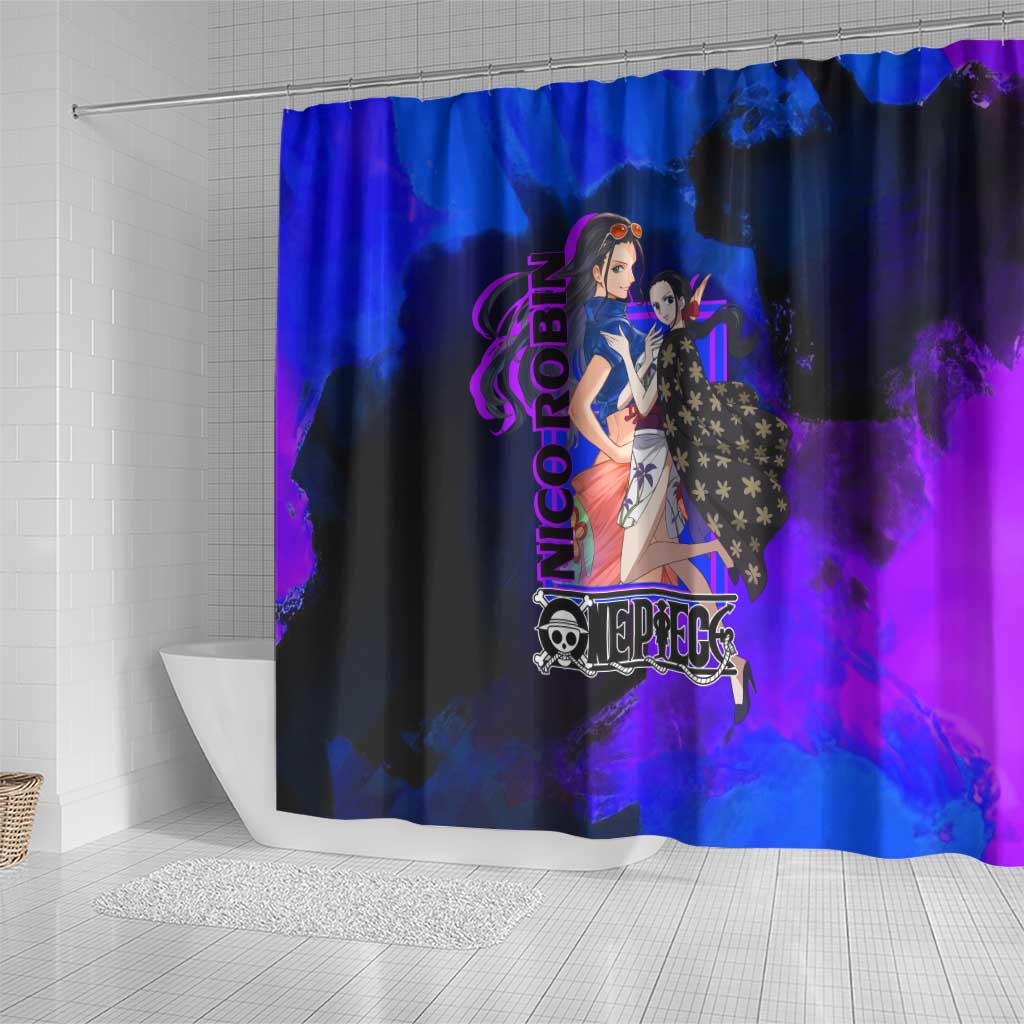 Nico Robin One Piece Purple and Blue Theme Shower Curtain with Floral Cape and Archaeologist Pose Design - The Mazicc
