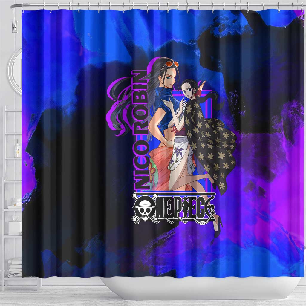 Nico Robin One Piece Purple and Blue Theme Shower Curtain with Floral Cape and Archaeologist Pose Design - The Mazicc
