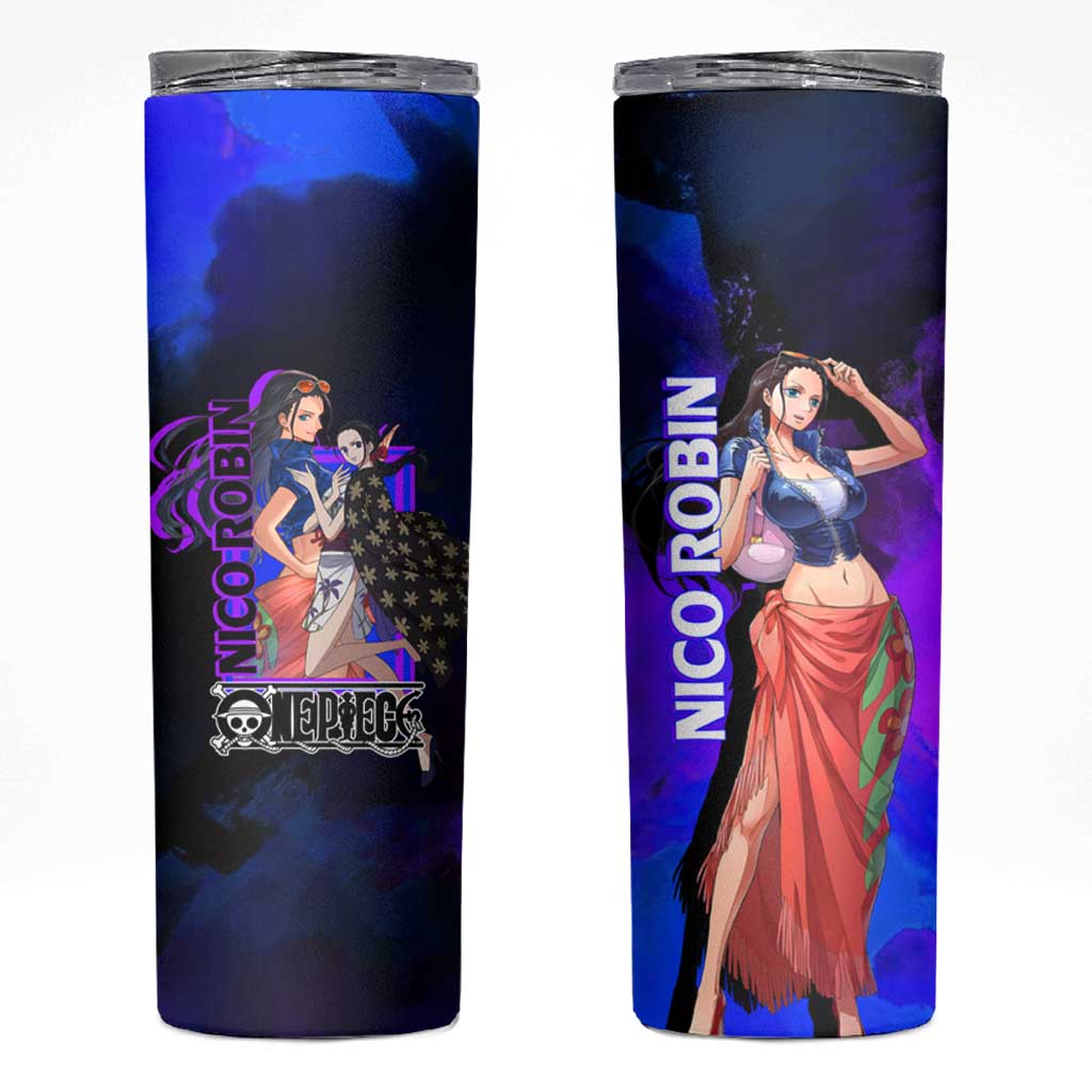 Nico Robin One Piece Purple and Blue Theme Skinny Tumbler with Floral Cape and Archaeologist Pose Design - The Mazicc