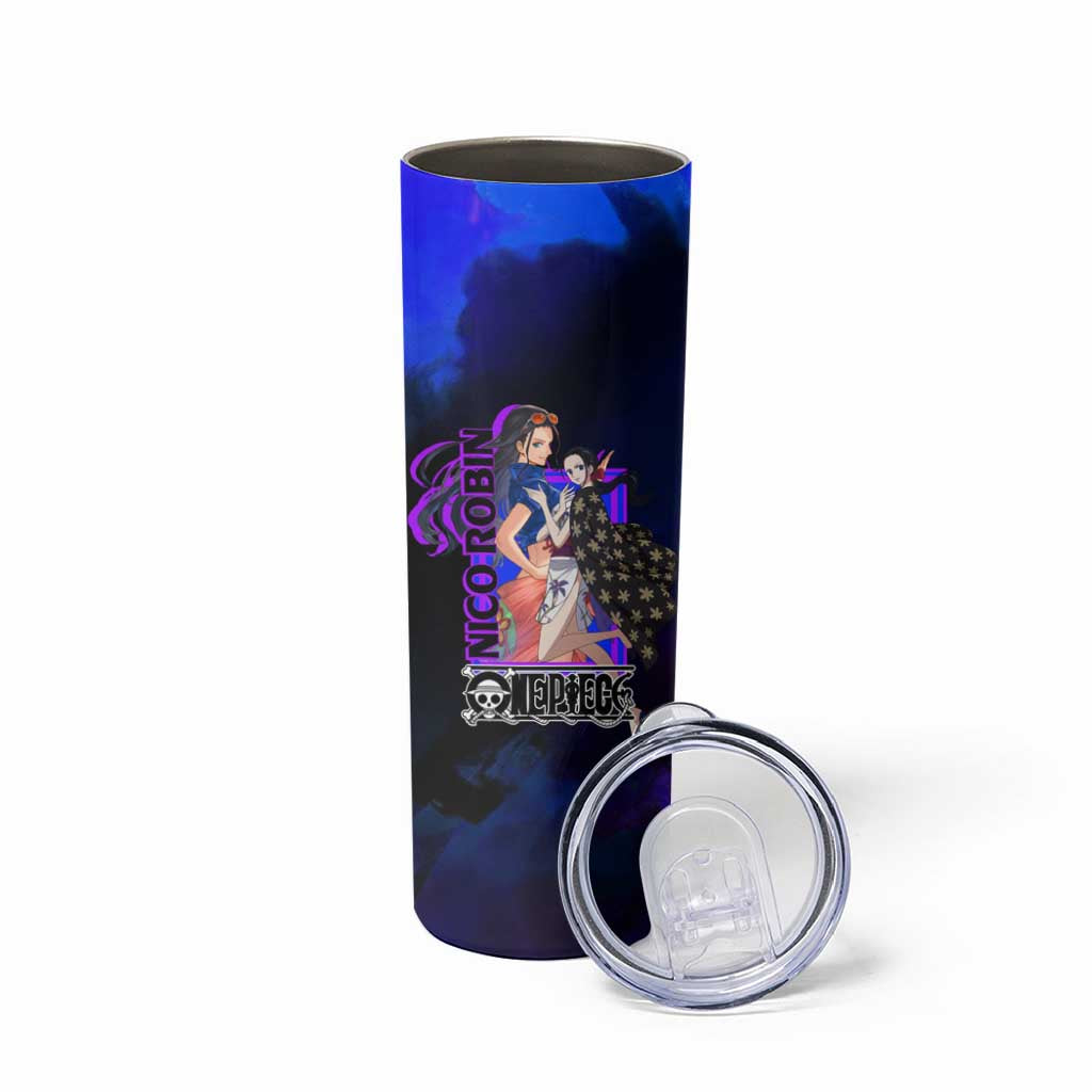 Nico Robin One Piece Purple and Blue Theme Skinny Tumbler with Floral Cape and Archaeologist Pose Design - The Mazicc