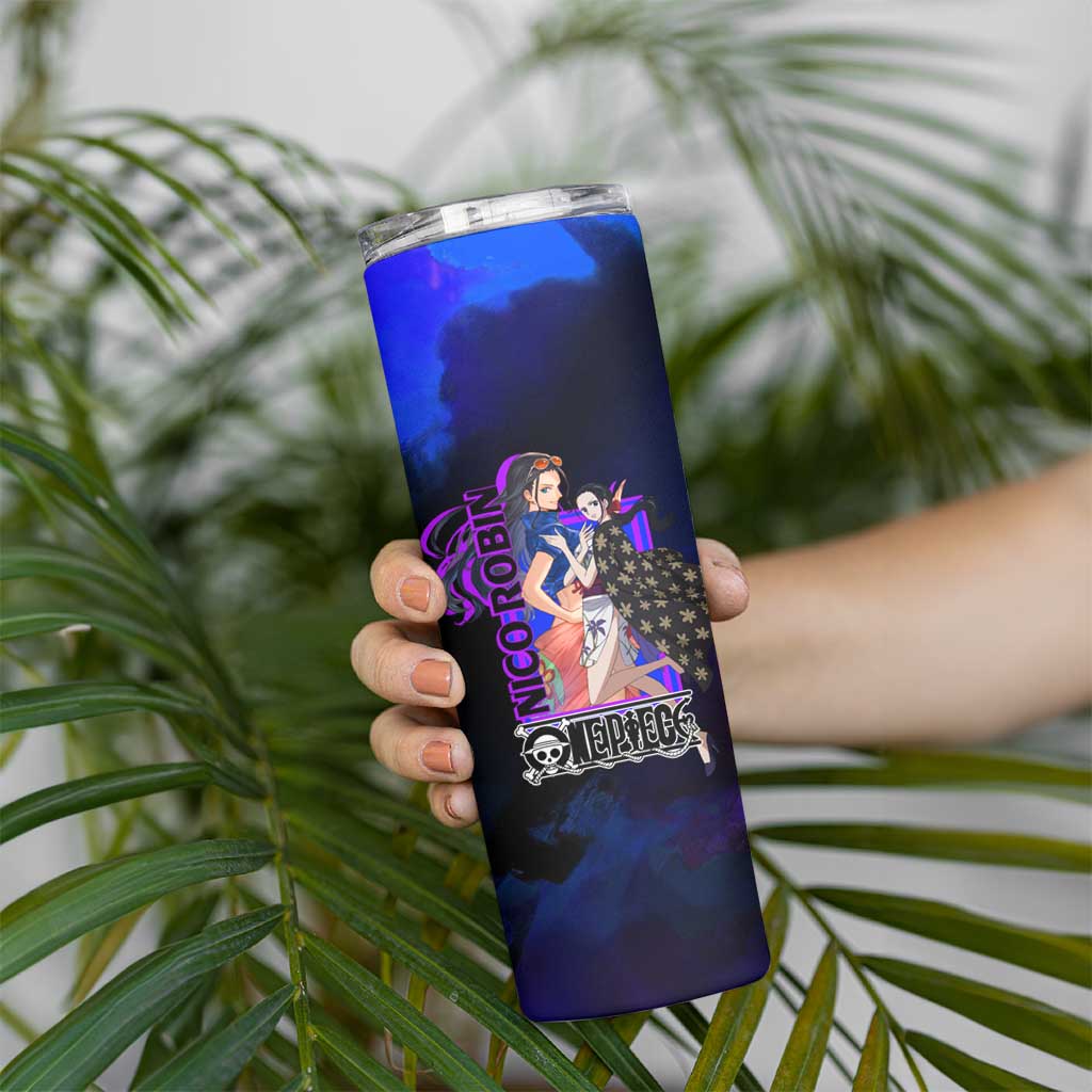 Nico Robin One Piece Purple and Blue Theme Skinny Tumbler with Floral Cape and Archaeologist Pose Design - The Mazicc