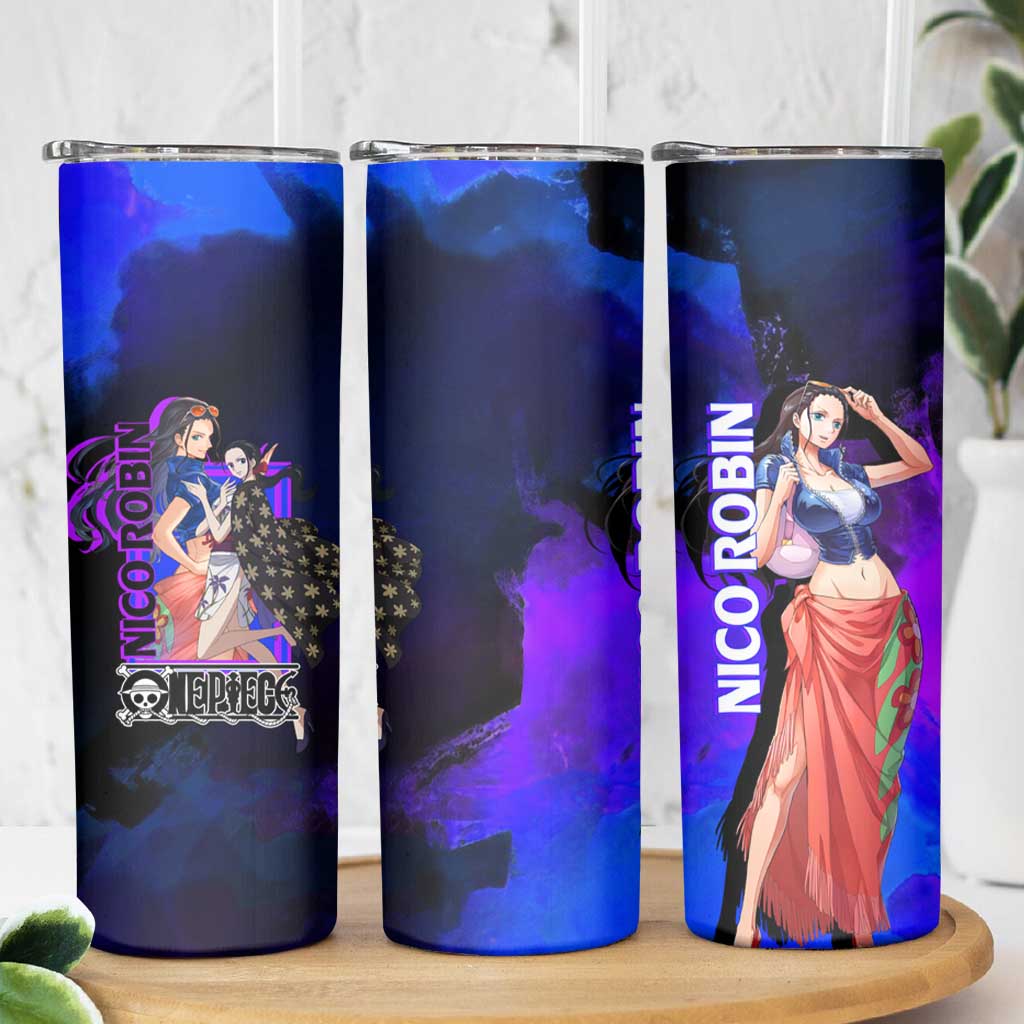 Nico Robin One Piece Purple and Blue Theme Skinny Tumbler with Floral Cape and Archaeologist Pose Design - The Mazicc