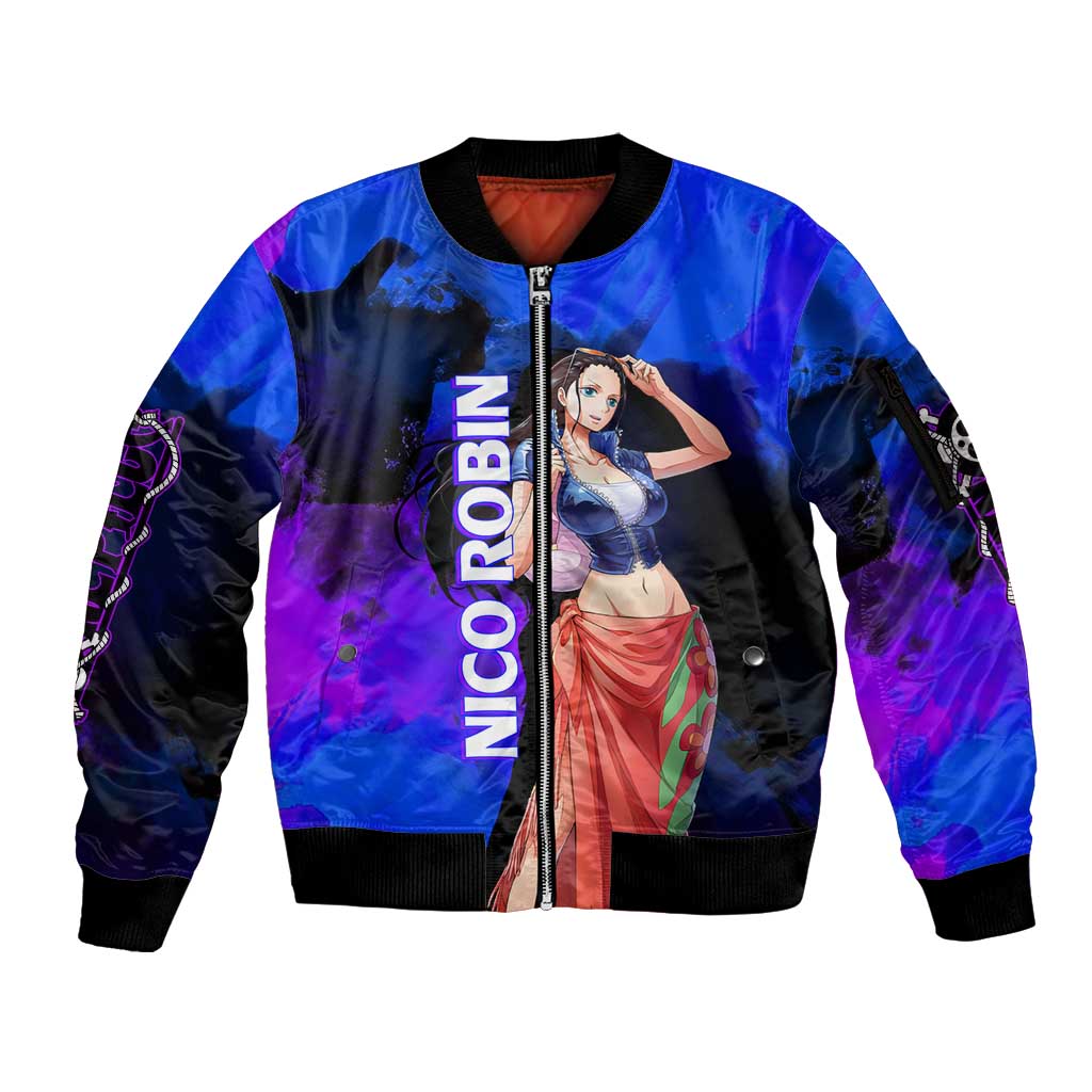 Nico Robin One Piece Purple and Blue Theme Sleeve Zip Bomber Jacket with Floral Cape and Archaeologist Pose Design - The Mazicc