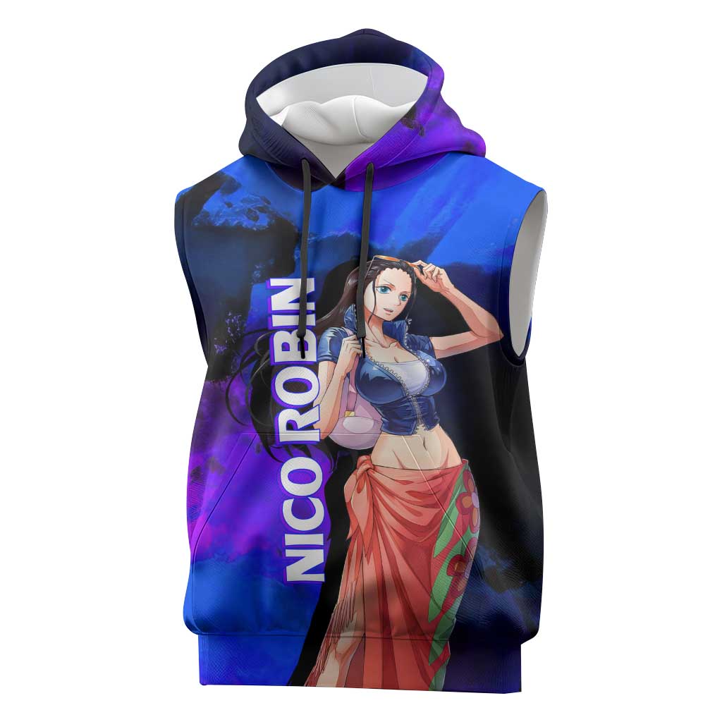 Nico Robin One Piece Purple and Blue Theme Sleeveless Hoodie with Floral Cape and Archaeologist Pose Design - The Mazicc