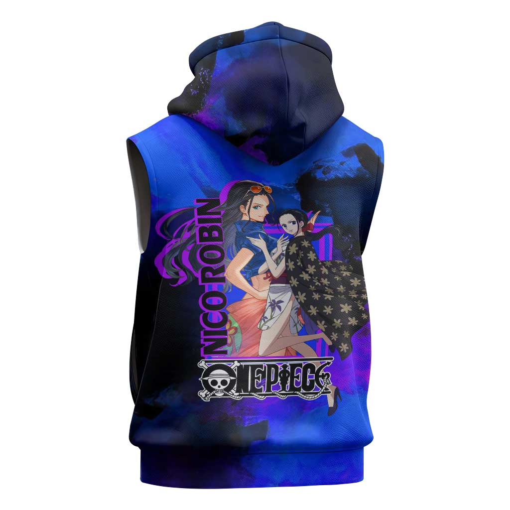 Nico Robin One Piece Purple and Blue Theme Sleeveless Hoodie with Floral Cape and Archaeologist Pose Design - The Mazicc