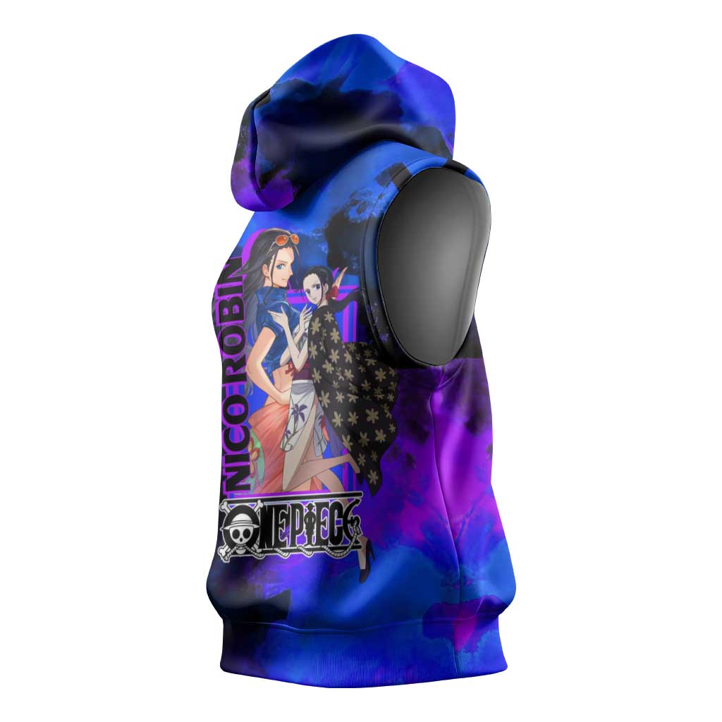 Nico Robin One Piece Purple and Blue Theme Sleeveless Hoodie with Floral Cape and Archaeologist Pose Design - The Mazicc
