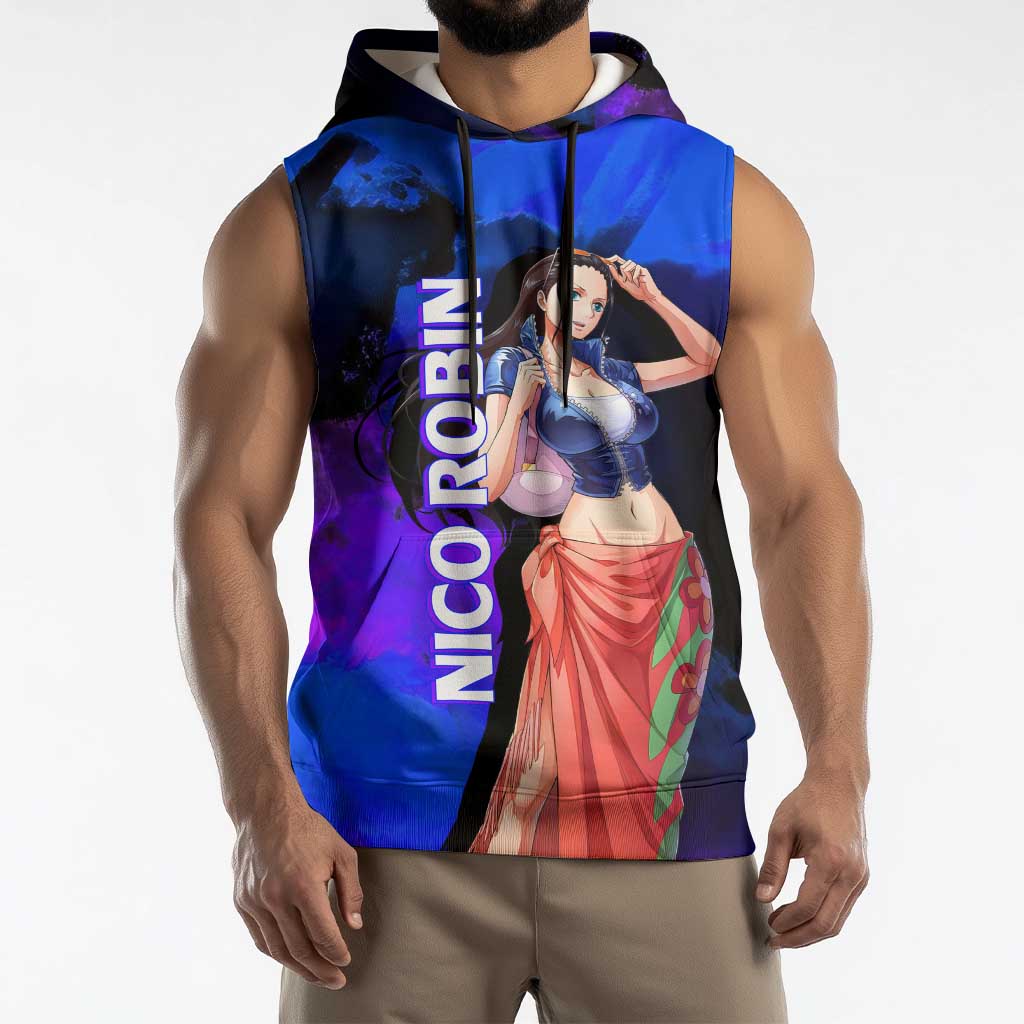 Nico Robin One Piece Purple and Blue Theme Sleeveless Hoodie with Floral Cape and Archaeologist Pose Design - The Mazicc