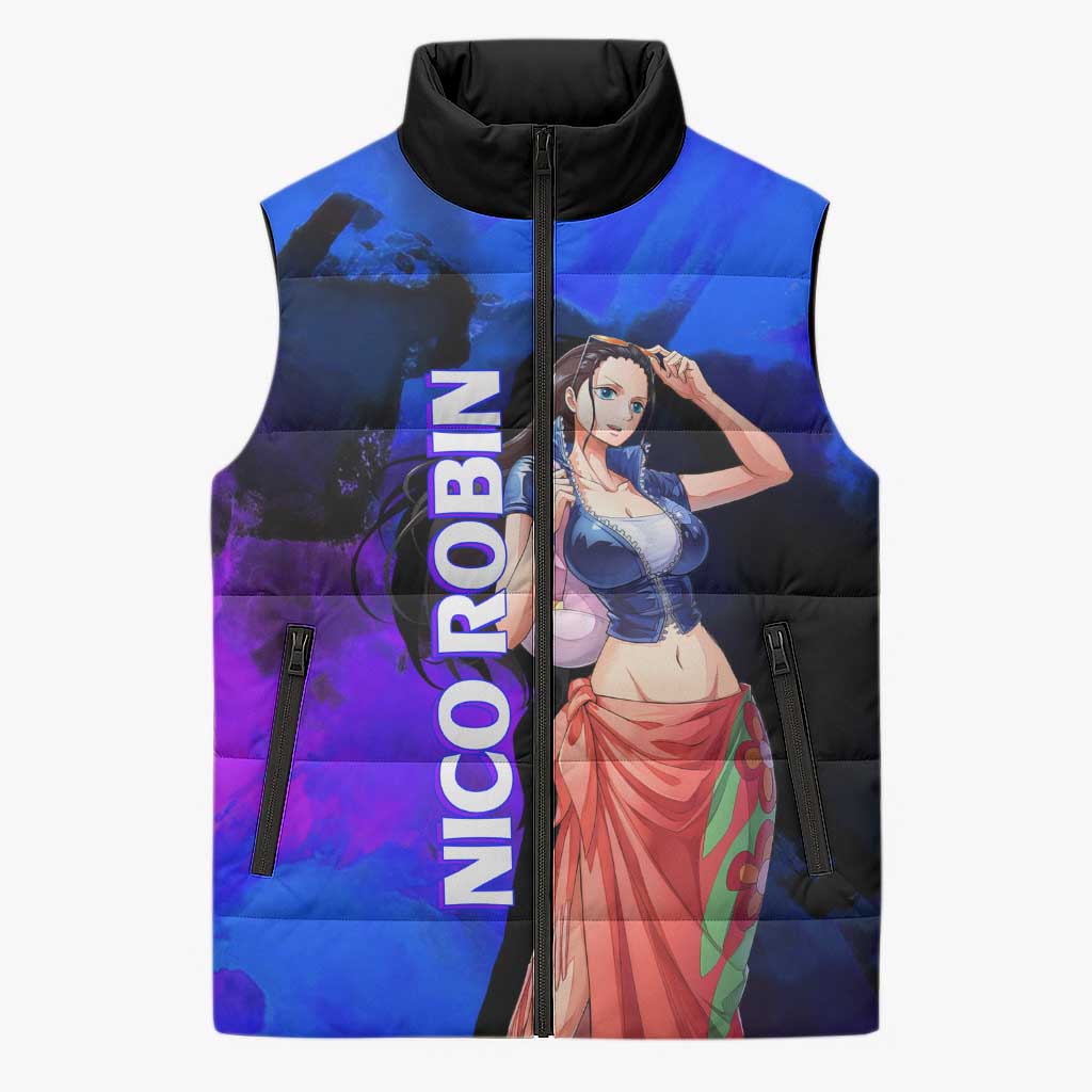 Nico Robin One Piece Purple and Blue Theme Sleeveless Puffer Jacket with Floral Cape and Archaeologist Pose Design - The Mazicc