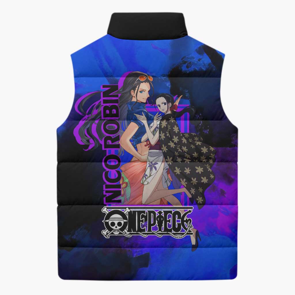Nico Robin One Piece Purple and Blue Theme Sleeveless Puffer Jacket with Floral Cape and Archaeologist Pose Design - The Mazicc