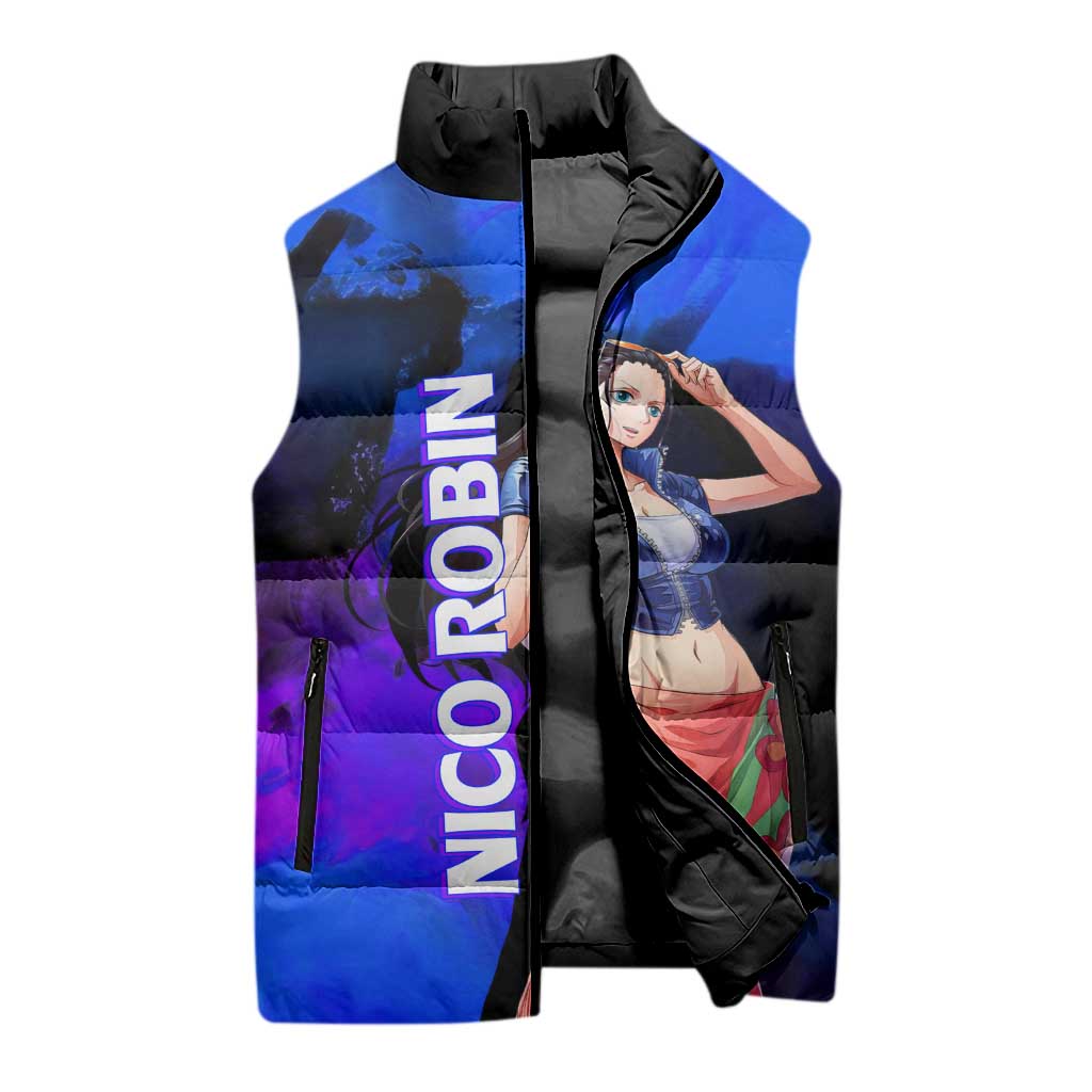 Nico Robin One Piece Purple and Blue Theme Sleeveless Puffer Jacket with Floral Cape and Archaeologist Pose Design - The Mazicc