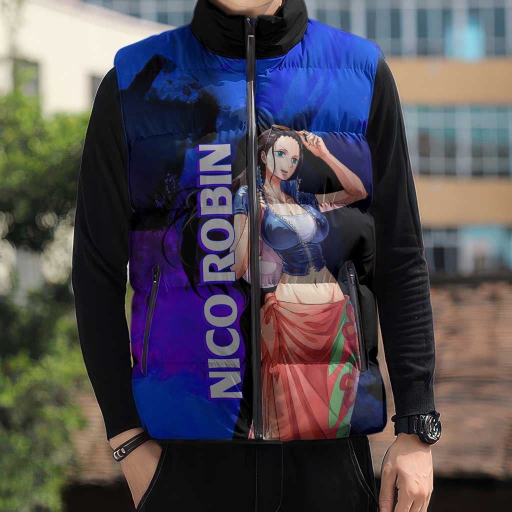Nico Robin One Piece Purple and Blue Theme Sleeveless Puffer Jacket with Floral Cape and Archaeologist Pose Design - The Mazicc