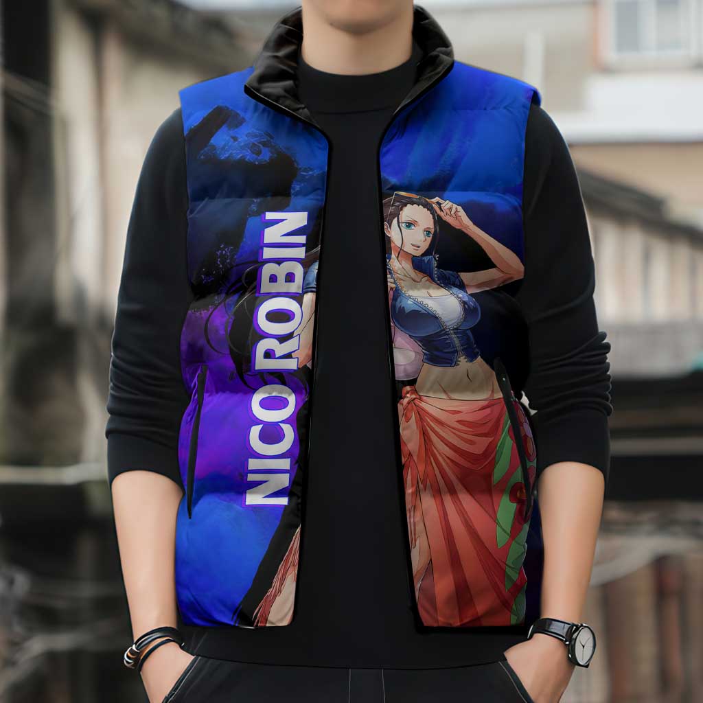 Nico Robin One Piece Purple and Blue Theme Sleeveless Puffer Jacket with Floral Cape and Archaeologist Pose Design - The Mazicc