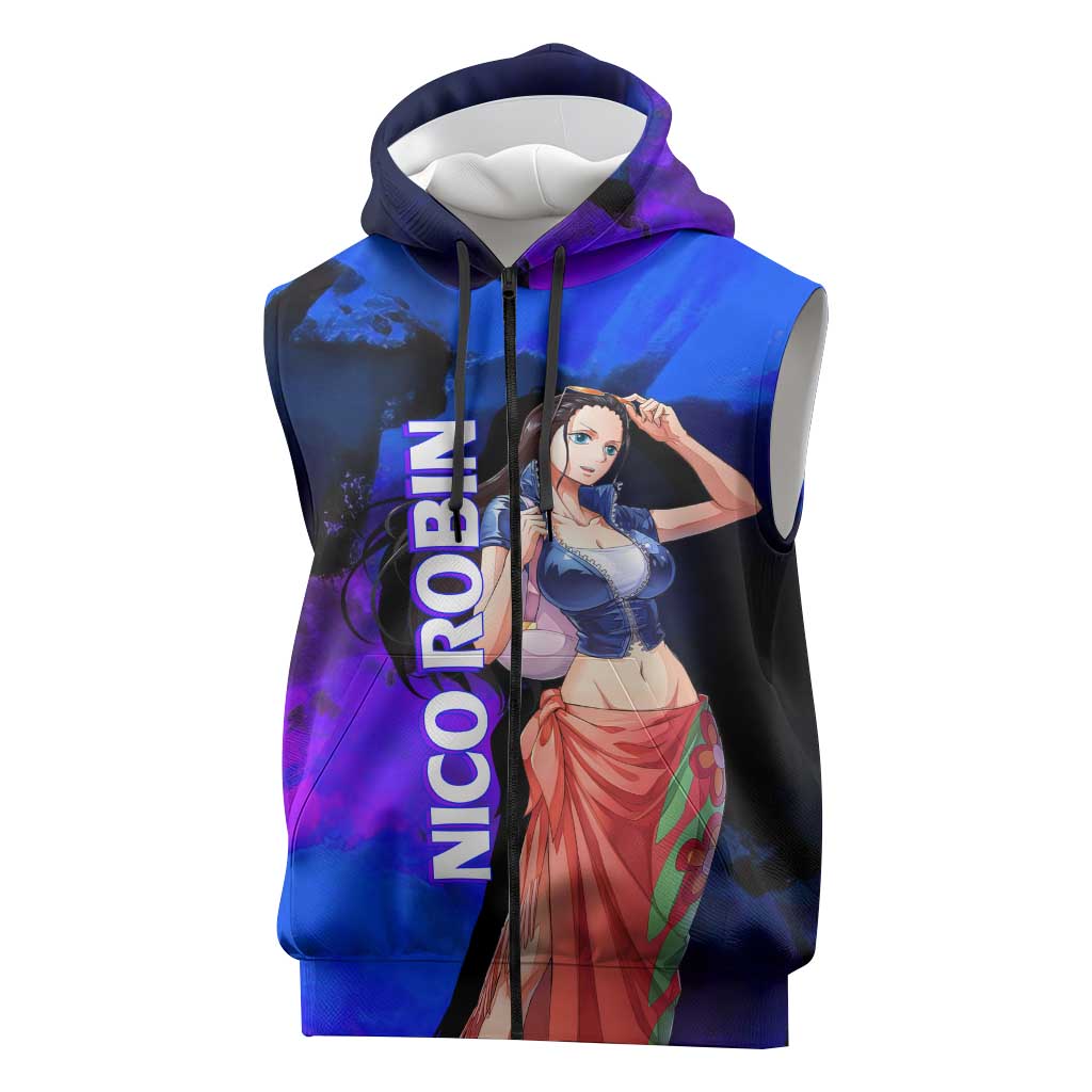 Nico Robin One Piece Purple and Blue Theme Sleeveless Zip Hoodie with Floral Cape and Archaeologist Pose Design - The Mazicc