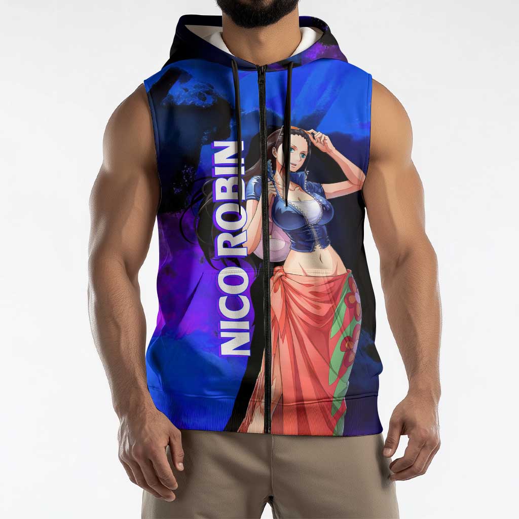 Nico Robin One Piece Purple and Blue Theme Sleeveless Zip Hoodie with Floral Cape and Archaeologist Pose Design - The Mazicc