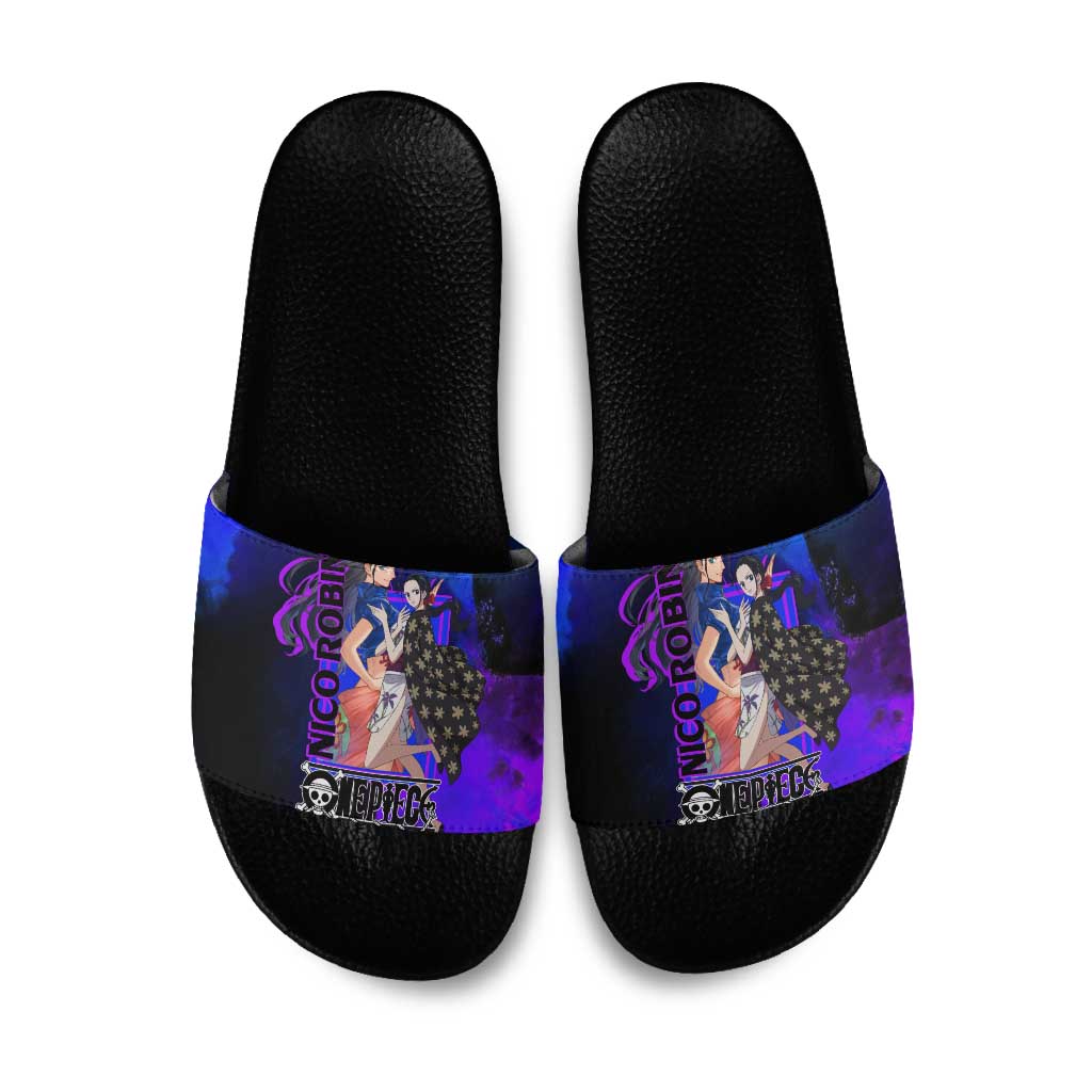 Nico Robin One Piece Purple and Blue Theme Slide Sandals with Floral Cape and Archaeologist Pose Design - The Mazicc