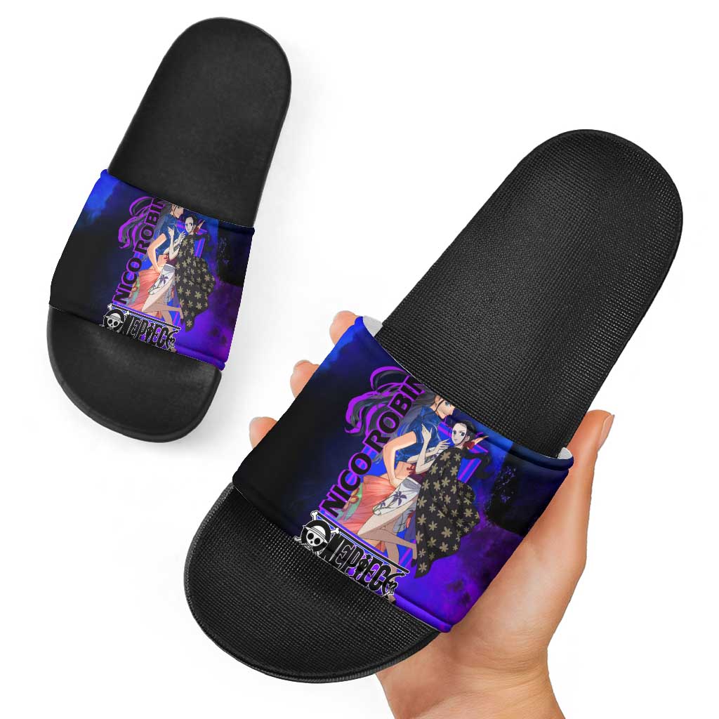 Nico Robin One Piece Purple and Blue Theme Slide Sandals with Floral Cape and Archaeologist Pose Design - The Mazicc