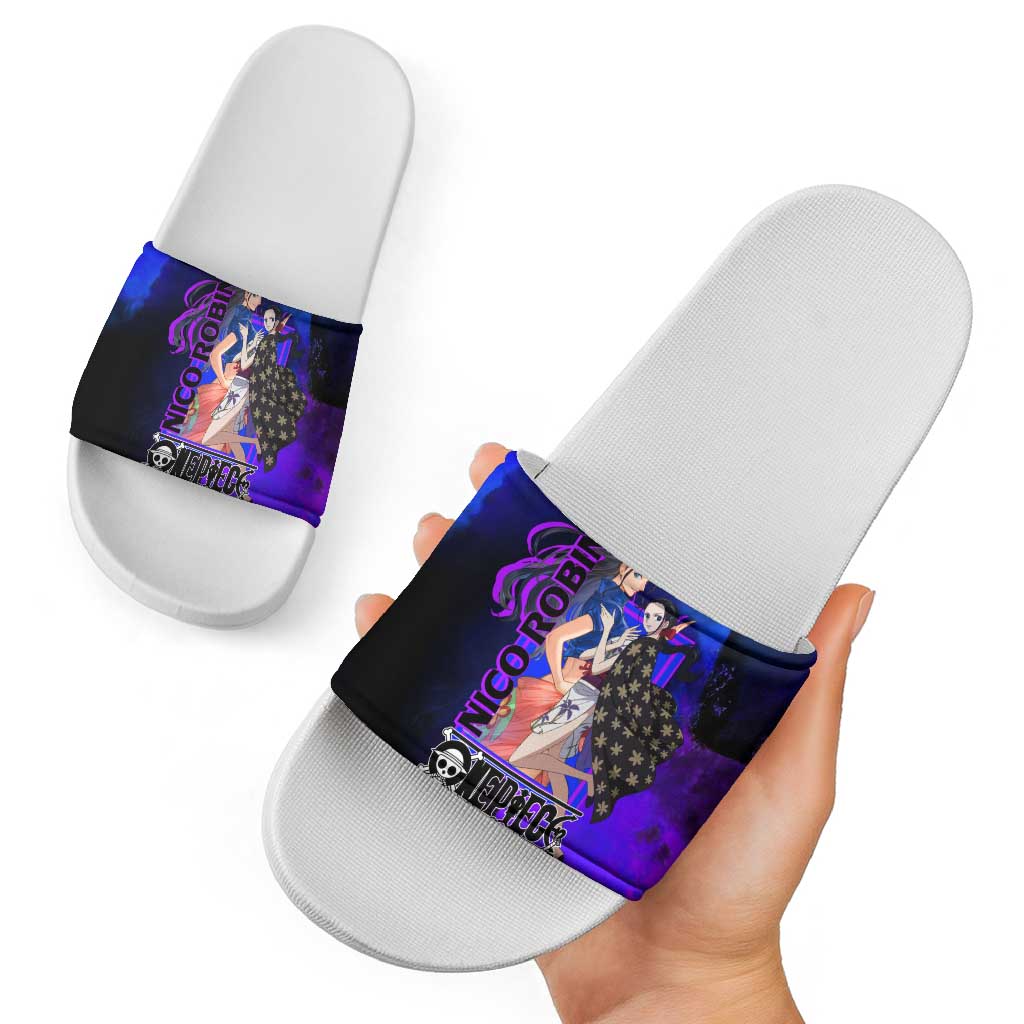 Nico Robin One Piece Purple and Blue Theme Slide Sandals with Floral Cape and Archaeologist Pose Design - The Mazicc