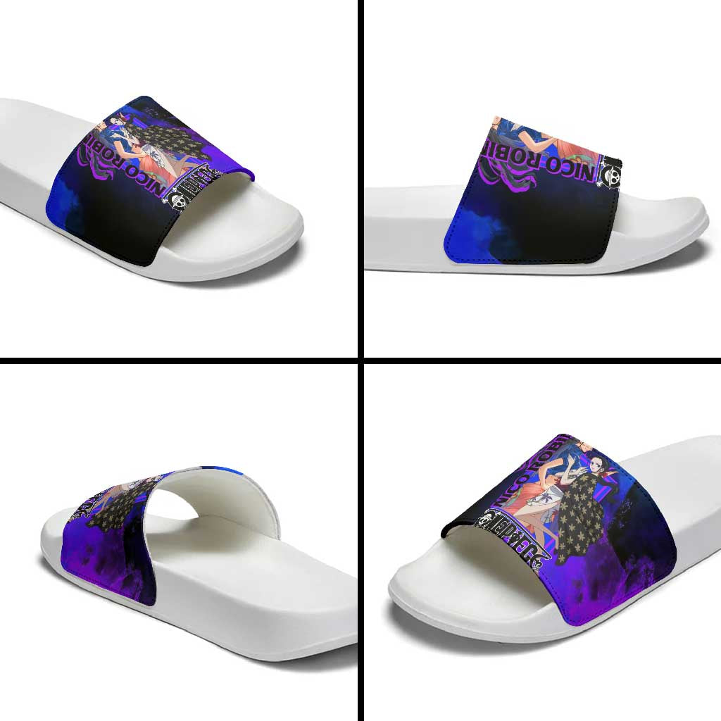 Nico Robin One Piece Purple and Blue Theme Slide Sandals with Floral Cape and Archaeologist Pose Design - The Mazicc