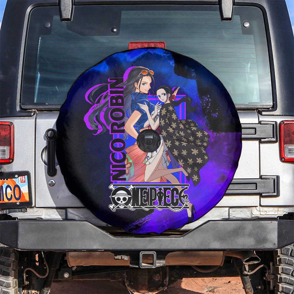 Nico Robin One Piece Purple and Blue Theme Spare Tire Cover with Floral Cape and Archaeologist Pose Design - The Mazicc