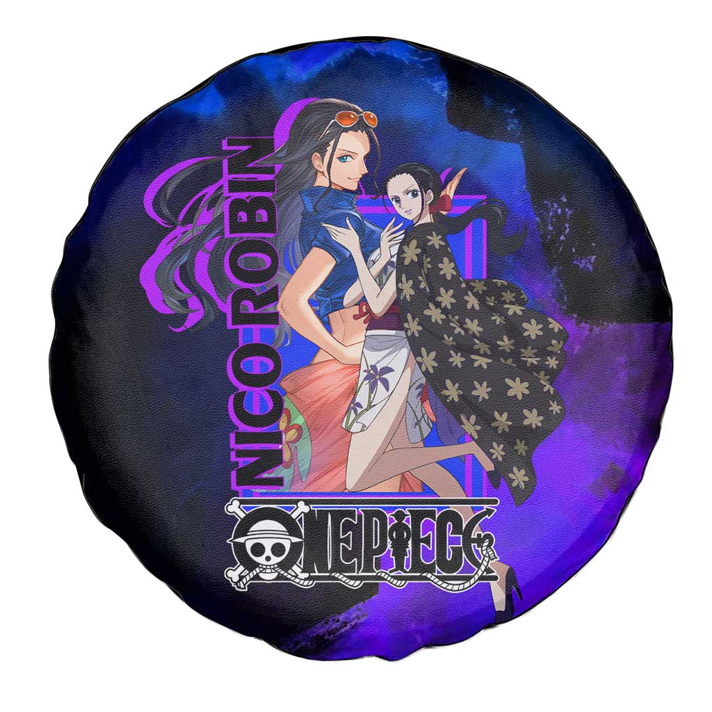 Nico Robin One Piece Purple and Blue Theme Spare Tire Cover with Floral Cape and Archaeologist Pose Design - The Mazicc