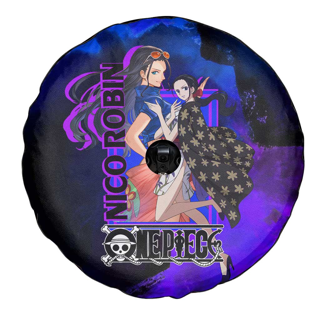 Nico Robin One Piece Purple and Blue Theme Spare Tire Cover with Floral Cape and Archaeologist Pose Design - The Mazicc