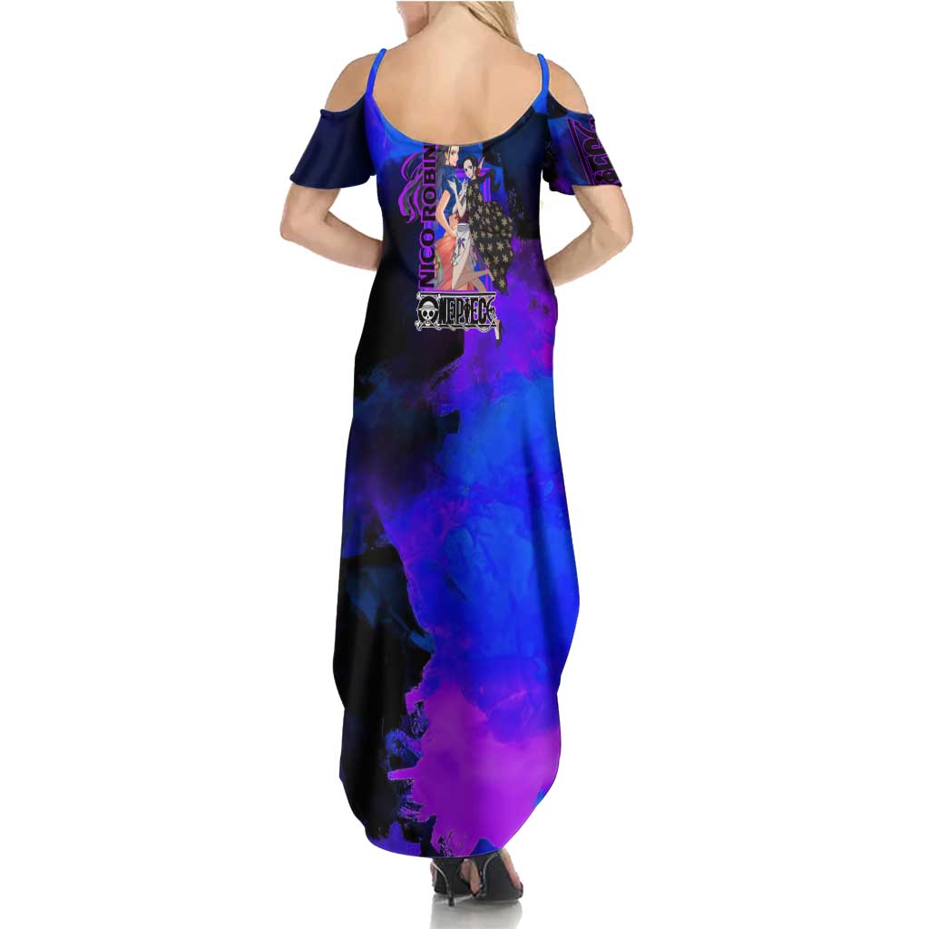 Nico Robin One Piece Purple and Blue Theme Summer Maxi Dress with Floral Cape and Archaeologist Pose Design - The Mazicc
