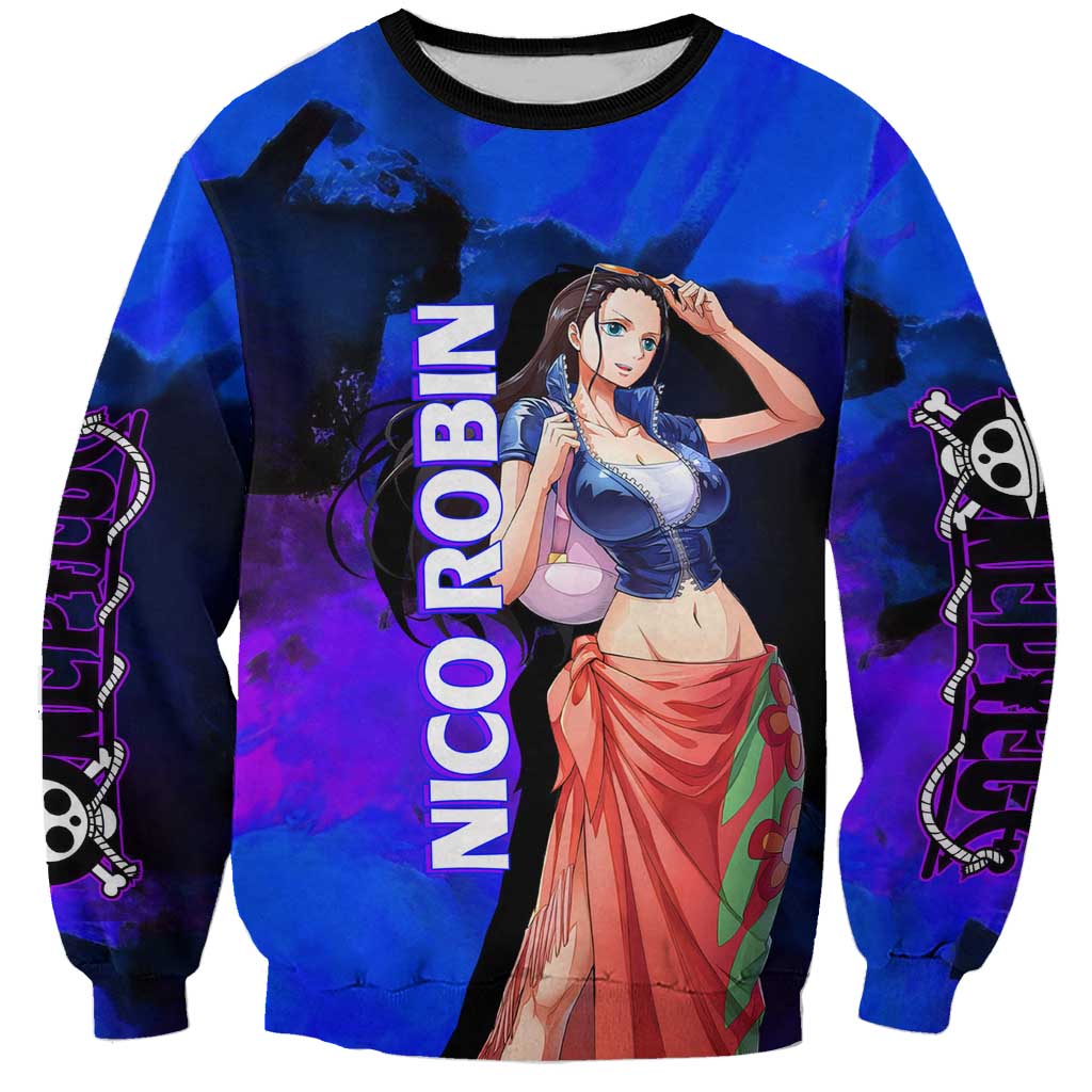 Nico Robin One Piece Purple and Blue Theme Sweatshirt with Floral Cape and Archaeologist Pose Design - The Mazicc